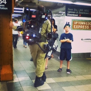 A ghostbuster waiting for the subway!
